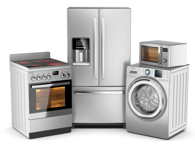 Home appliances. Group of silver refrigerator, washing machine, electric stove, microwave oven on white background 3d